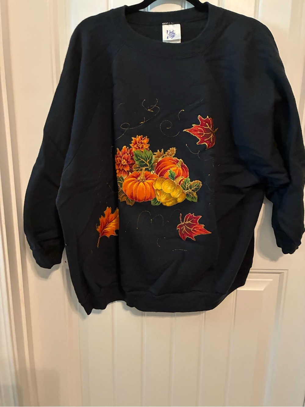 Just My Size black Crewneck with Pumpkin & Fall Leaf Motif